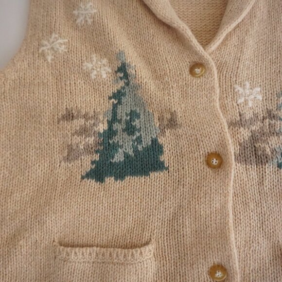 Vintage Legends Tan Shawl Collar Snowflake 85% Wool Tree Knit Vest Cabin XL NWT - Picture 6 of 11
